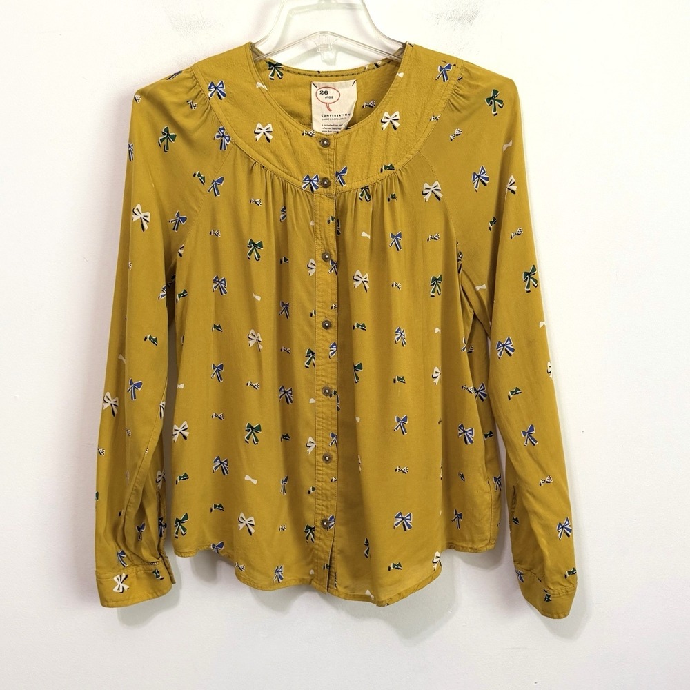 Anthropologie Conversations Bow Blouse 2 Mustard Button Front Limited Edition
